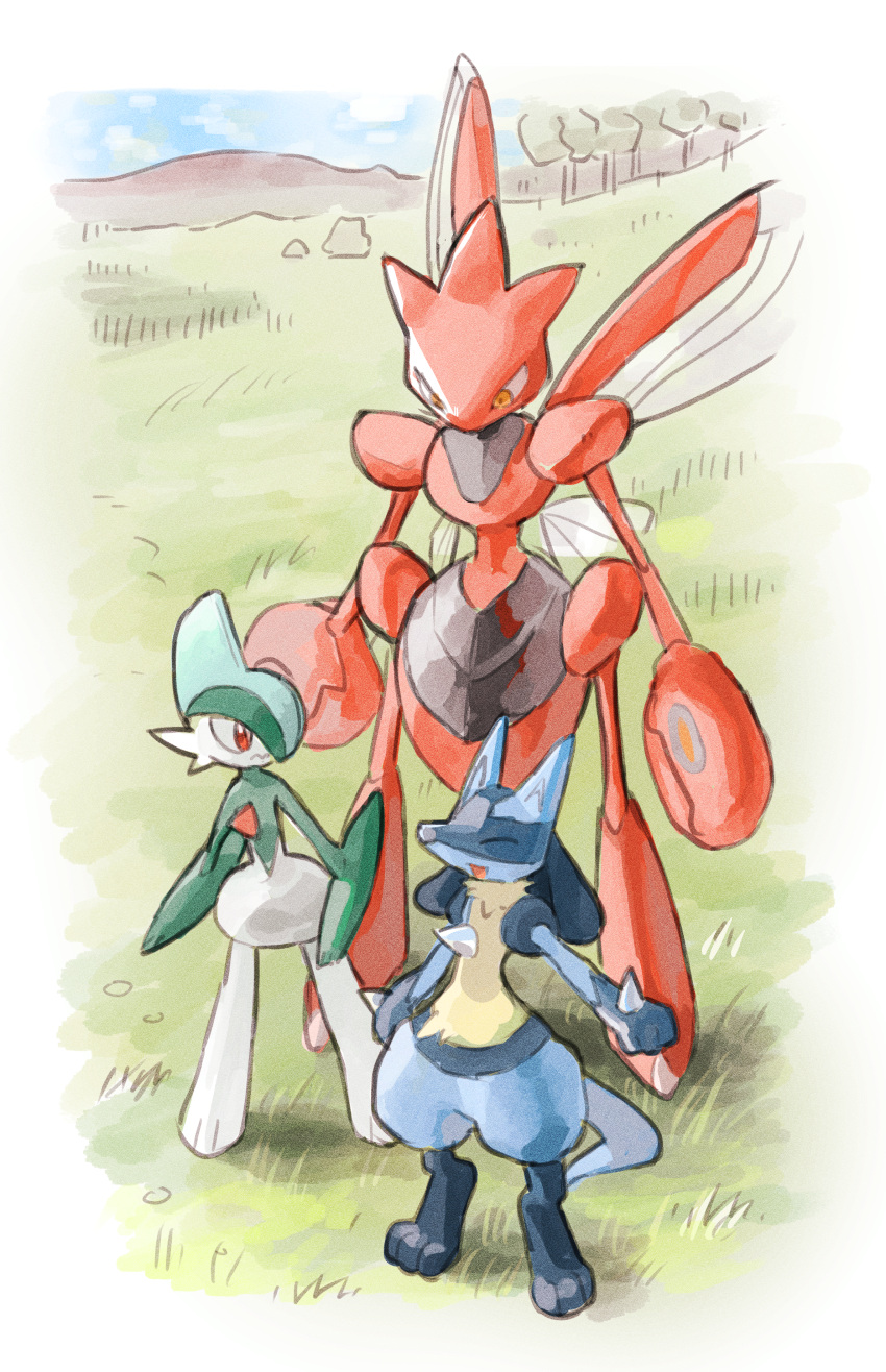 :d absurdres closed_eyes commentary_request day gallade grass highres horns looking_down lucario meiji_(meijihoney) open_mouth orange_eyes outdoors pokemon pokemon_(creature) scizor smile standing tree yellow_fur