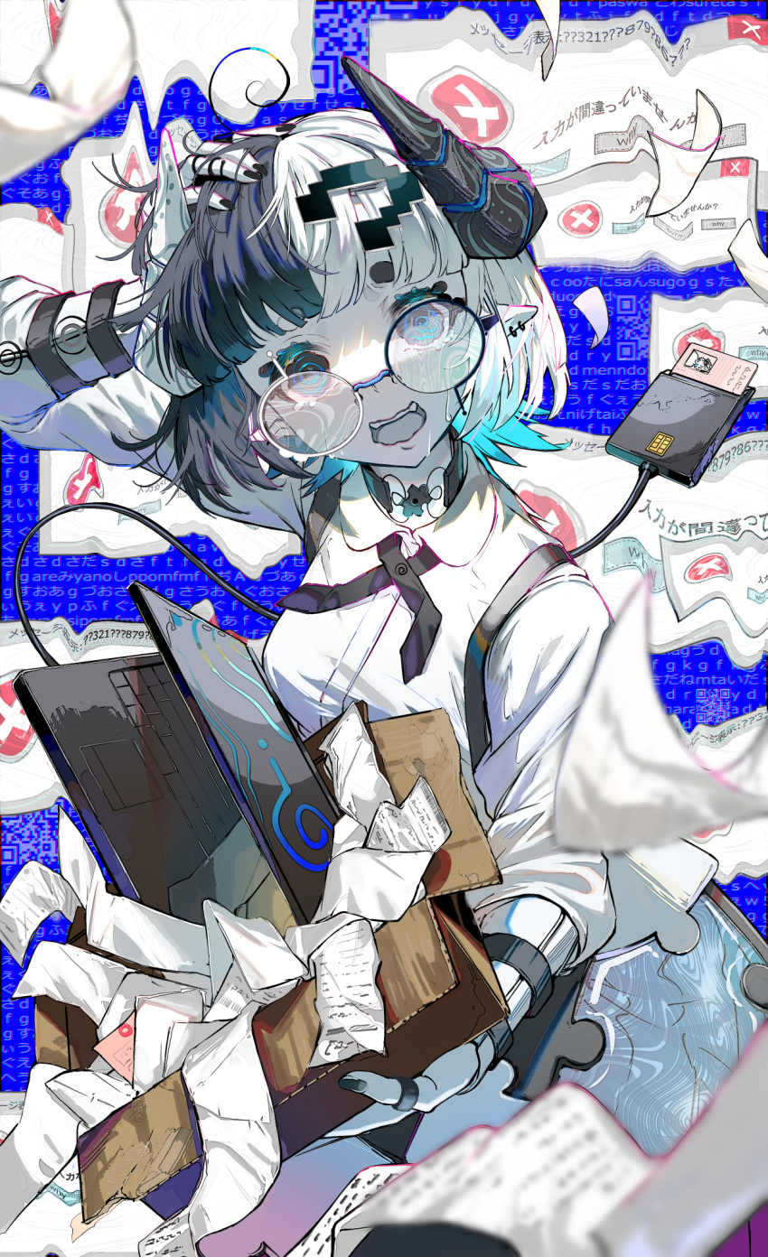 1girl ? @_@ ahoge aqua_hair arm_up black_choker black_eyes black_hair black_horns black_nails blue_background blue_screen_of_death blunt_bangs box breasts cable card_reader cardboard_box choker collared_shirt colored_inner_hair colored_skin commentary computer confused cross_tie earrings error_message glasses hair_ornament hand_in_own_hair highres holding holding_box horns jewelry laptop long_sleeves looking_at_viewer medium_hair multicolored_hair open_mouth original paper pointy_ears qr_code ring round_eyewear school_uniform shirt small_breasts split-color_hair standing symbol-only_commentary upper_body white_hair white_horns white_shirt white_skin yo-ba_yo