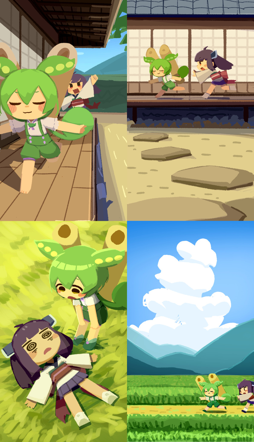 2girls :3 @_@ absurdres ahoge angry blade blue_sky blunt_bangs blush_stickers bow brown_hair chasing chibi closed_eyes clouds collage day exhausted field grass green_hair green_shorts green_suspenders hair_between_eyes headgear highres japanese_clothes kimono kiritanpo_(food) konohoshi long_hair looking_at_another low_ponytail lying medium_hair mountainous_horizon multiple_girls no_lineart obi obijime on_back on_ground open_mouth outdoors pea_pod puffy_shorts purple_skirt red_bow red_eyes running sash shirt short_kimono short_sleeves short_twintails shorts shouji shouting skirt sky sliding_doors summer suspender_shorts suspenders theft tile_roof touhoku_kiritan twintails v-shaped_eyebrows veranda voiceroid voicevox waist_bow white_kimono white_shirt wide_sleeves wooden_floor yellow_eyes zundamon