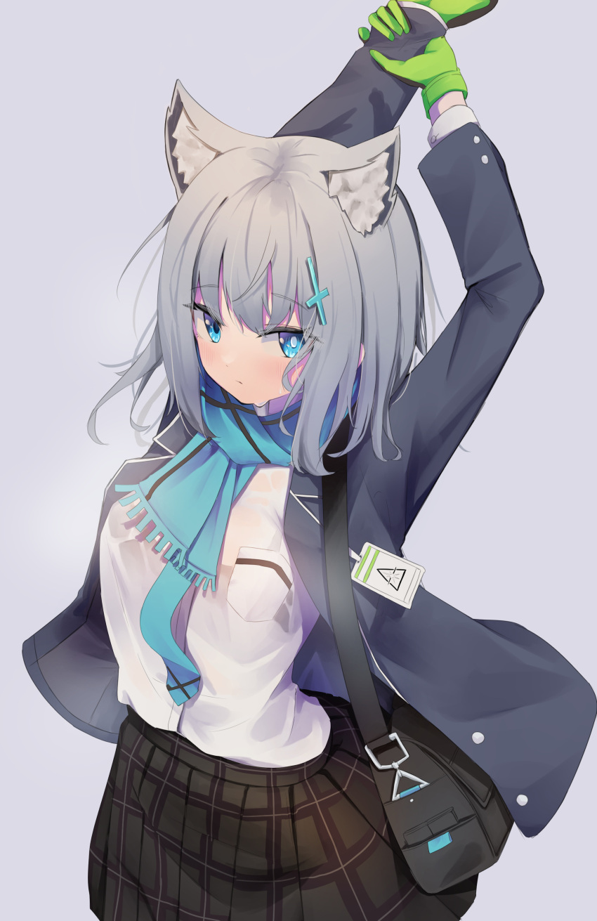 1girl absurdres akinoji_(akiponpon27) animal_ear_fluff animal_ears arms_up bag black_skirt blazer blue_archive blue_eyes blue_necktie blue_scarf breast_pocket collared_shirt commentary_request cross_hair_ornament grey_background grey_hair hair_between_eyes hair_ornament halo highres holding_own_arm id_card jacket long_sleeves looking_at_viewer medium_hair mismatched_pupils necktie open_clothes open_jacket plaid plaid_skirt pleated_skirt pocket scarf school_bag school_uniform shiroko_(blue_archive) shirt shoulder_bag sidelocks skirt solo stretching two-tone_gloves white_shirt wolf_ears wolf_girl