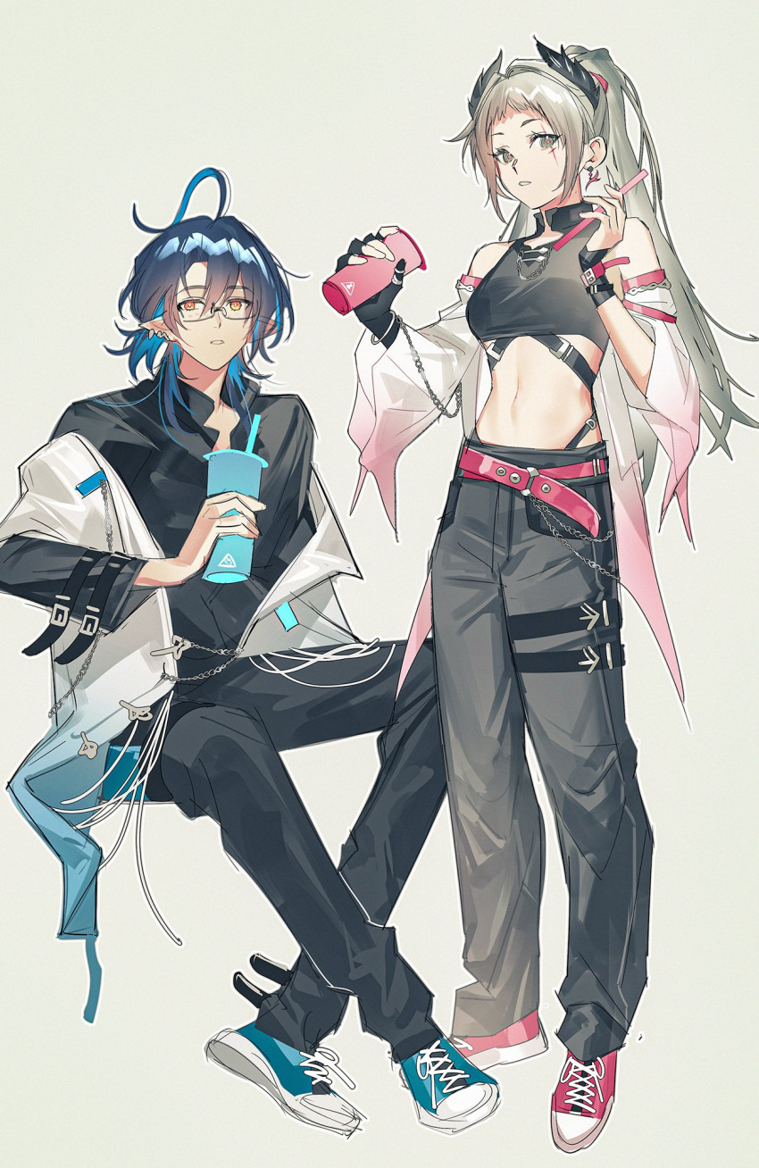 1boy 1girl ahoge alternate_costume arknights baggy_pants bare_shoulders belt black_gloves black_hair black_pants black_shirt blue_footwear blue_hair blue_jacket buckle casual collared_shirt colored_inner_hair cropped_shirt cup detached_sleeves earrings fingerless_gloves full_body glasses gloves gradient_clothes gradient_jacket gradient_sleeves grey_background grey_eyes grey_hair hair_between_eyes head_wings highres holding holding_cup irene_(arknights) jacket jewelry long_hair long_sleeves looking_at_viewer lumen_(arknights) midriff multicolored_hair off_shoulder open_clothes open_jacket open_mouth orange_eyes pants pienahenggou pink_belt pointy_ears red_footwear scar scar_across_eye shirt shoelaces shoes simple_background sleeveless sleeveless_shirt stud_earrings thigh_strap white_jacket wrist_guards
