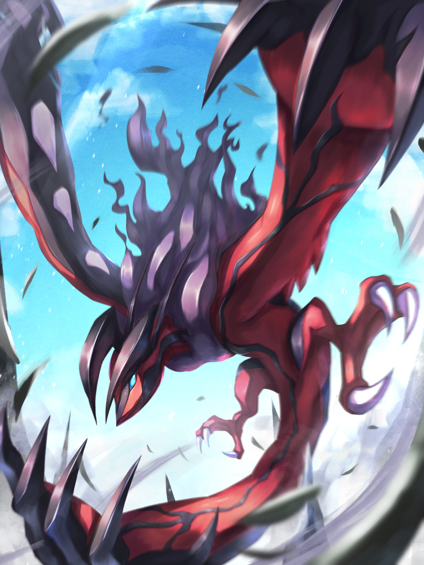 absurdres blue_eyes blue_sky claws clouds commentary_request day falling_leaves flying highres horns leaf pokemon pokemon_(creature) ririri_(user_rkrv7838) sky solo talons yveltal