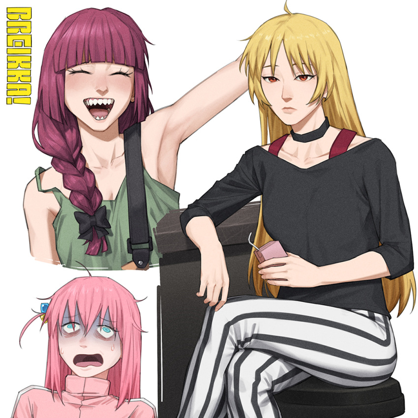 3girls arm_up armpits artist_name blonde_hair blue_eyes blunt_bangs bocchi_the_rock! bow braid breikka choker closed_mouth collarbone crossed_legs elbow_rest empty_eyes expressionless gotou_hitori hair_between_eyes hair_bow holding ijichi_seika kita_ikuyo lips long_hair looking_at_viewer low-tied_long_hair messy_hair multiple_girls on_stool open_mouth orange_eyes outstretched_arm pants pink_hair sharp_teeth shirt simple_background single_braid sitting smile stool striped striped_pants sweat teeth turn_pale very_long_hair white_background