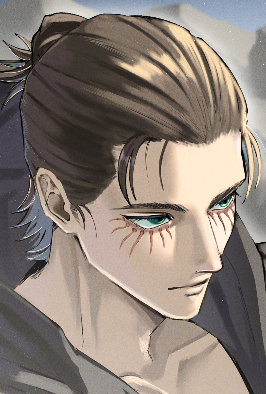 1boy brown_hair closed_mouth collarbone eren_yeager from_above green_eyes hair_bun hair_slicked_back highres hood hood_down male_focus mountain official_alternate_costume portrait shingeki_no_kyojin solo sunlight upper_body yofu_(0042_2400)