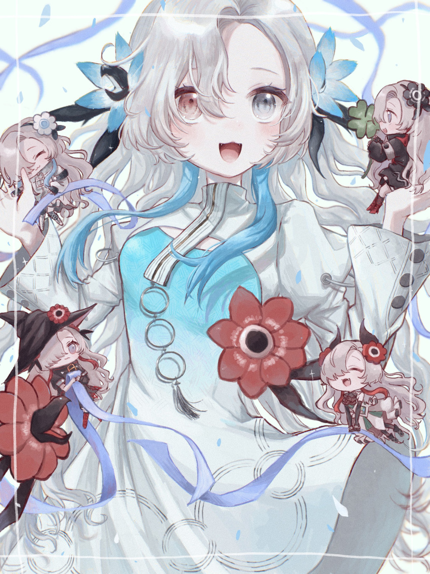 5girls :3 absurdres black_coat black_flower blue_dress blue_flower blue_hair blush carrying carrying_person cevio chibi clone clover coat commentary_request dress falling_petals fangs film_grain floating_hair flower four-leaf_clover gradient_dress grey_eyes hair_flower hair_ornament hair_over_one_eye hat heterochromia high_collar highres holding holding_clover holding_ribbon isekai_joucho kamitsubaki_studio long_hair looking_at_viewer multicolored_hair multiple_girls o-ring official_alternate_costume open_mouth petals purple_ribbon red_eyes red_flower redhead ria_(rian_0210) ribbon shrug_(clothing) sidelocks streaked_hair transparent_border very_long_hair virtual_youtuber w_arms wavy_hair white_coat white_dress white_flower white_hair wide_sleeves witch_hat