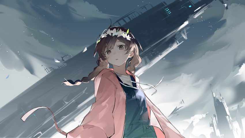 1girl aircraft blue_overalls braid brown_eyes brown_hair clouds cloudy_sky drawstring floating_hair flower from_below head_wreath highres jacket looking_at_viewer mo011010 original overalls parted_lips pink_jacket shirt sky solo twin_braids utaite_(singer) white_flower white_shirt yoasobi yuu._(singer)