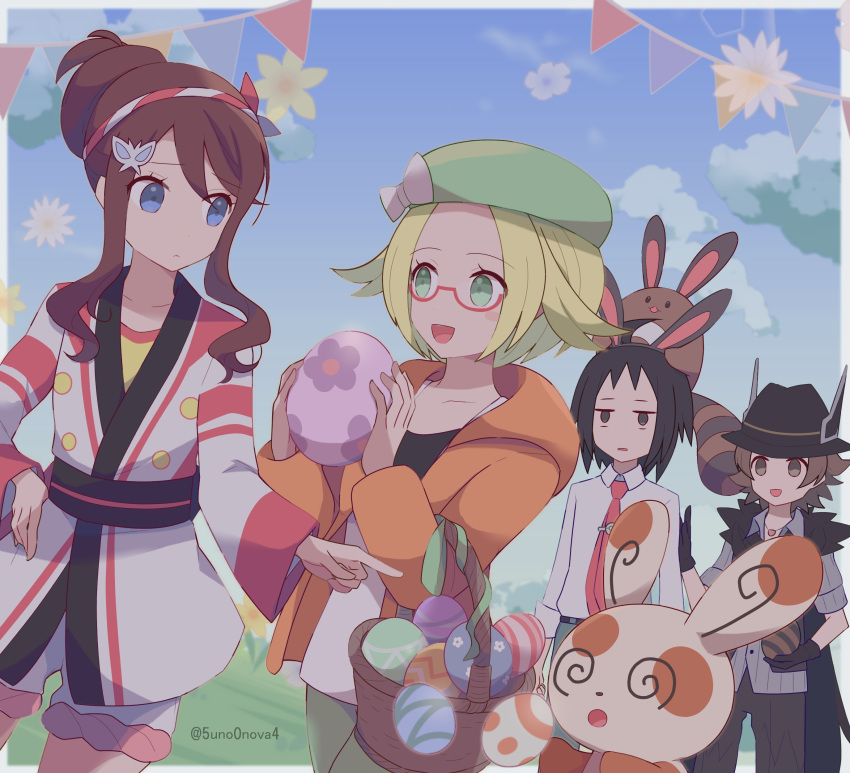 2boys 2girls 343rone :d absurdres animal_ears basket beret bianca_(pokemon) black_gloves black_hair black_headwear blonde_hair blush_stickers border brown_hair buttons cheren_(pokemon) clouds collared_shirt commentary_request day egg eyelashes fake_animal_ears glasses gloves green_eyes green_headwear green_pants grey_shirt hair_ornament hairband hands_up hat highres hilbert_(fall_2020)_(pokemon) hilbert_(pokemon) hilda_(pokemon) hilda_(summer_2022)_(pokemon) holding holding_egg hood hood_down hooded_jacket jacket long_sleeves multiple_boys multiple_girls necktie official_alternate_costume on_head open_clothes open_jacket open_mouth orange_jacket outdoors pants pink_necktie pointing pokemon pokemon_(creature) pokemon_(game) pokemon_bw2 pokemon_masters_ex pokemon_on_head semi-rimless_eyewear sentret shirt short_hair shorts sidelocks sky smile spinda tongue watermark white_border white_jacket white_shirt white_shorts yellow_shirt