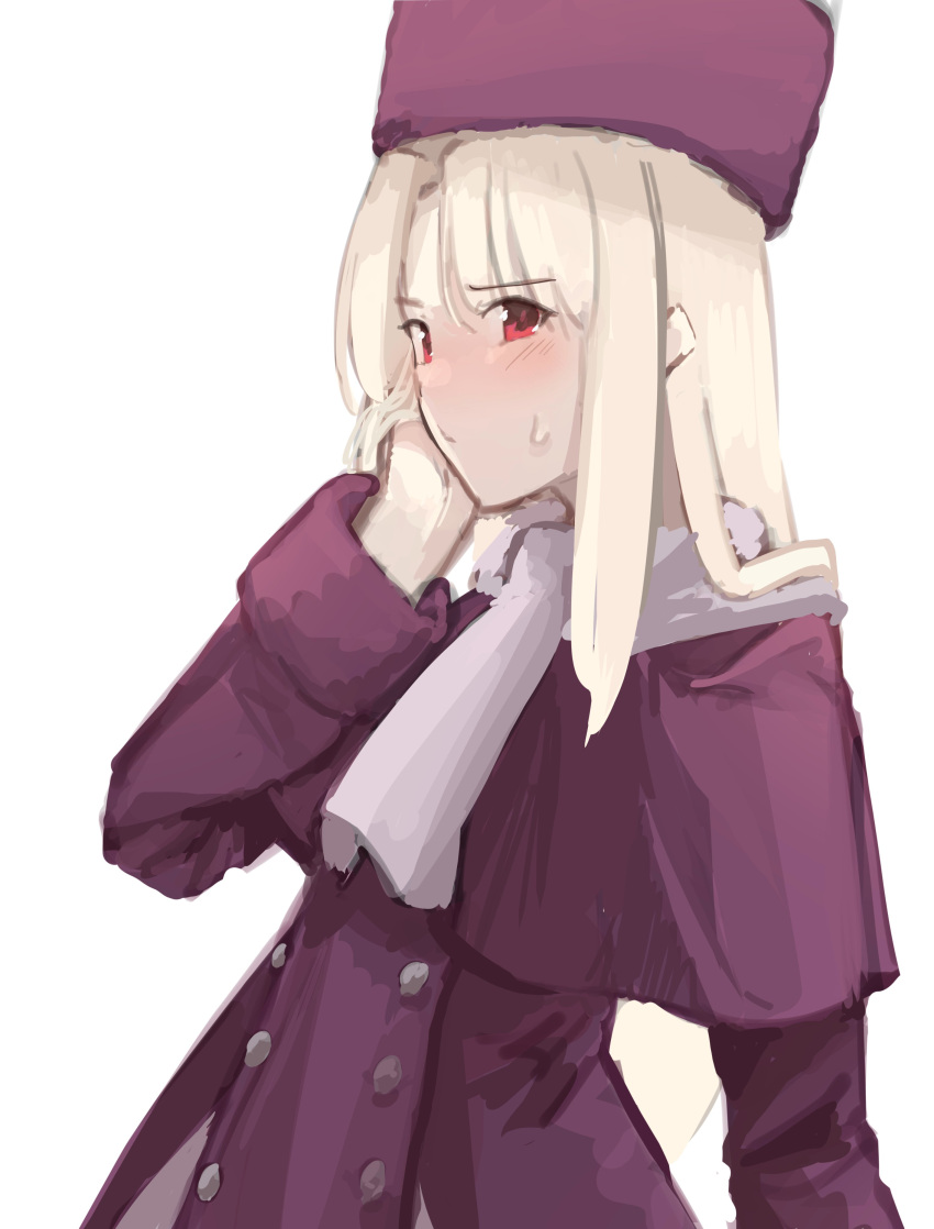 1girl absurdres blush buttons capelet deko_morii dress english_commentary fate/stay_night fate_(series) hand_on_own_cheek hand_on_own_face highres illyasviel_von_einzbern long_hair long_sleeves purple_capelet purple_dress purple_headwear red_eyes scarf solo white_background white_hair white_scarf