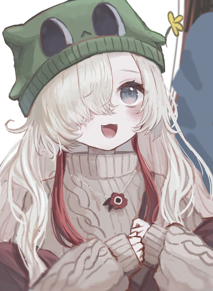 1girl :3 absurdres aran_sweater beanie blush brown_sweater cable_knit character_hat commentary fangs flower green_headwear grey_eyes hair_over_one_eye hat highres isekai_joucho jewelry kamitsubaki_studio long_hair looking_up open_mouth own_hands_together pendant raised_eyebrows red_flower red_shawl redhead ria_(rian_0210) shawl shoulder_strap sidelocks sleeves_past_wrists smile solo sweater turtleneck virtual_youtuber wavy_hair white_hair yellow_flower
