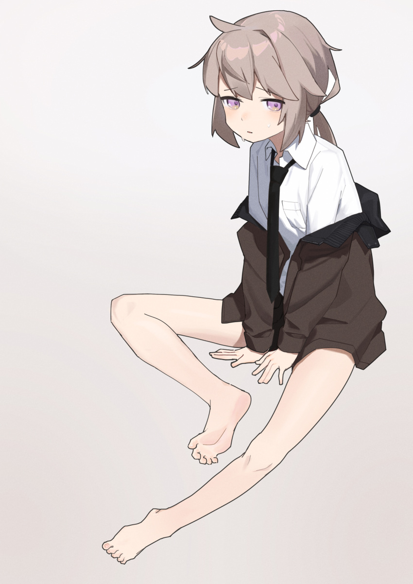 1girl absurdres ahoge bare_legs barefoot between_legs black_necktie collared_shirt commentary_request full_body girls_frontline grey_background grey_hair hand_between_legs highres jacket kro_(kroooxd) long_hair long_sleeves looking_at_viewer m200_(girls'_frontline) necktie off_shoulder open_clothes open_jacket ponytail shirt simple_background sitting solo sweat violet_eyes white_shirt