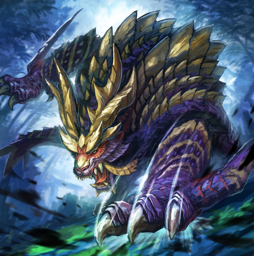 absurdres arm_blade blue_eyes capcom claws eye_trail fangs forest highres horns light_trail magnamalo monster monster_hunter_(series) monster_hunter_rise nasuno_posi nature no_humans purple_scales sharp_teeth tail teeth weapon