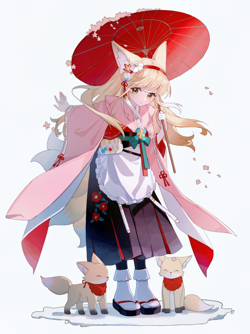 1girl absurdres animal_ear_fluff animal_ears apron arknights black_hakama blonde_hair bobby_socks coin_purse commentary fox fox_ears fox_girl fox_tail frilled_apron frills full_body green_eyes hairband hakama hakama_skirt highres holding holding_umbrella japanese_clothes kimono long_hair looking_at_viewer multiple_tails official_alternate_costume parted_lips pink_kimono pinwheel red_hairband red_umbrella ribbon-trimmed_sleeves ribbon_trim sandals sanye308 simple_background skirt socks solo suzuran_(arknights) suzuran_(yukibare)_(arknights) symbol-only_commentary tail umbrella waist_apron white_apron white_background white_socks wide_sleeves