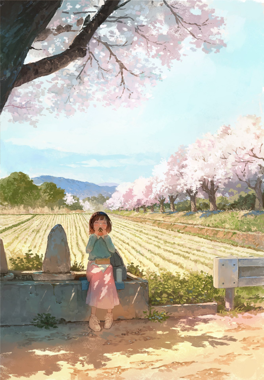 1girl bento blue_sweater blush brown_hair cherry_blossoms closed_eyes clouds collared_shirt commentary day eating facing_viewer fjsmu food full_body guard_rail hands_up highres long_skirt long_sleeves mountain napkin onigiri original outdoors pink_skirt rice_paddy road shirt shoes short_hair sitting skirt sneakers socks solo spring_(season) sunlight sweater thermos tree white_footwear white_socks wide_shot