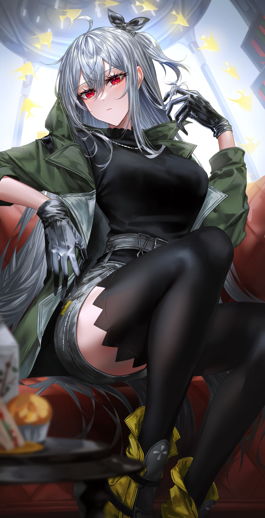 1girl absurdres ahoge akqne angelfish arknights belt black_bow black_gloves black_sweater black_thighhighs boots bow breasts closed_mouth expressionless gloves green_jacket grey_hair grey_shorts hair_bow highres jacket jewelry long_hair medium_breasts necklace one_side_up open_clothes open_jacket red_eyes shorts skadi_(arknights) solo sweater thigh-highs very_long_hair yellow_footwear