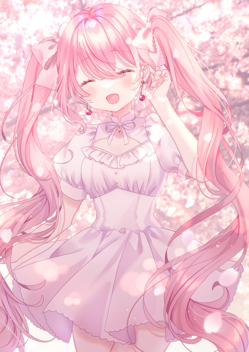 1girl alternate_color azarashi6 blurry blurry_background blush bow bowtie branch breasts buttons cherry_blossoms cherry_earrings closed_eyes commentary dress earrings fingernails flower food-themed_earrings hair_between_eyes hair_bow hand_up hatsune_miku highres jewelry long_hair medium_breasts nail_polish open_mouth outdoors petals pink_bow pink_bowtie pink_dress pink_flower pink_hair pink_nails pink_theme puffy_short_sleeves puffy_sleeves sakura_miku short_sleeves single_sidelock smile solo tree twintails vocaloid wavy_hair white_background