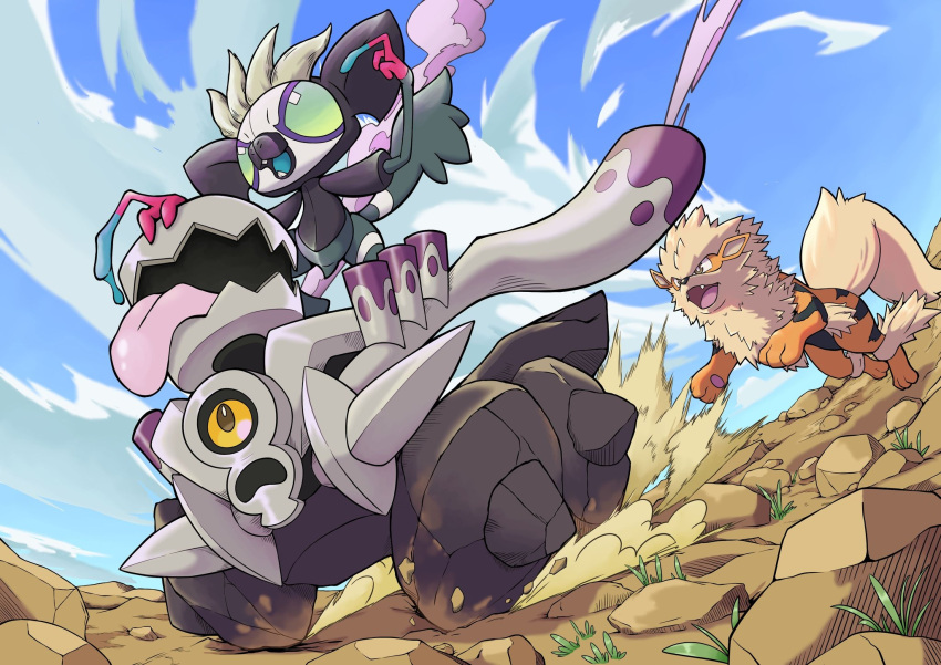 arcanine blue_sky brown_eyes chasing clouds day dust_cloud fangs grafaiai grass green_eyes highres on_ground open_mouth pokemon pokemon_(creature) q-chan revavroom riding riding_pokemon rock sky tongue tongue_out yellow_eyes