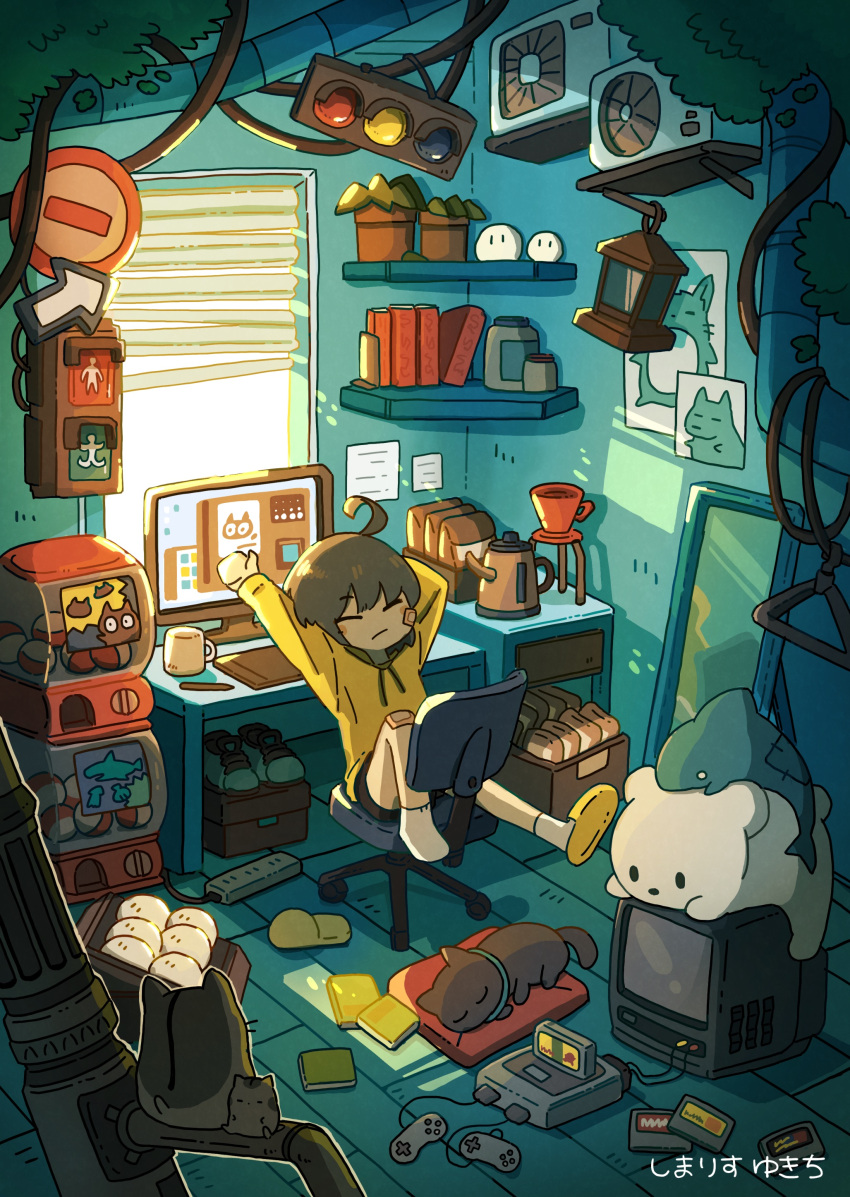 1girl absurdres ahoge brown_hair chair closed_eyes closed_mouth controller game_console game_controller highres hood hoodie indoors long_sleeves original sitting socks solo stretching super_famicom super_famicom_cartridge super_famicom_gamepad swivel_chair television traffic_light white_socks window yellow_hoodie yukichi_nya