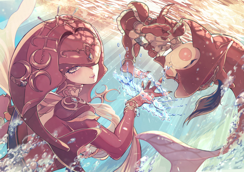 1boy 1girl brother_and_sister child colored_skin fish_boy fish_girl hair_ornament head_fins highres mipha naname_(seven28) red_skin siblings sidon the_legend_of_zelda the_legend_of_zelda:_breath_of_the_wild underwater zora