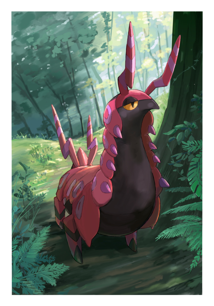 animal_focus border commentary_request day full_body grass highres horns looking_up momota_pix no_humans outdoors pokemon pokemon_(creature) scolipede solo tree white_border