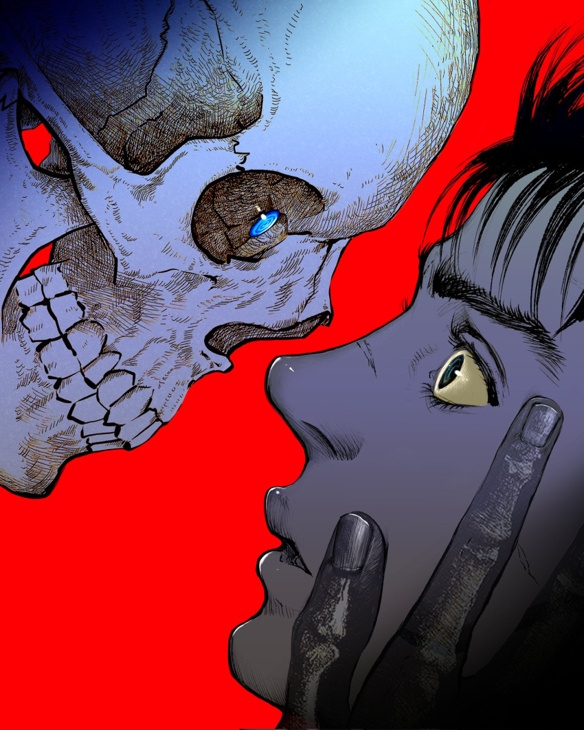 1boy berserk black_hair blue_eyes colored_sclera commentary english_commentary eye_contact fingernails guts_(berserk) hands_on_another's_face highres looking_at_another nisino2222 open_mouth parted_lips red_background skeleton skull teeth