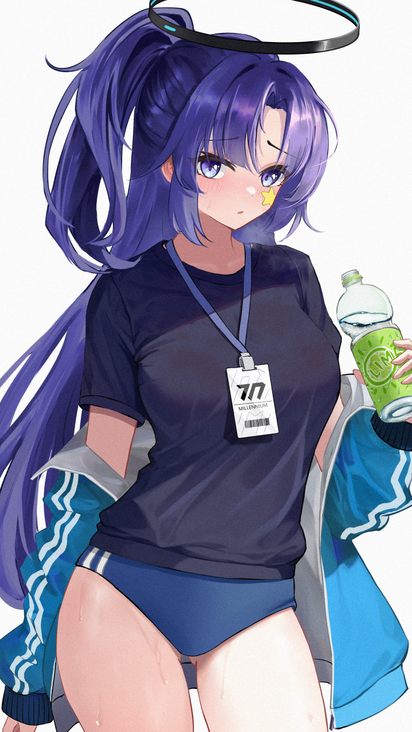 1girl absurdres astelia black_shirt blue_archive blush bottle buruma commentary_request eyes_visible_through_hair facial_tattoo gym_uniform hair_between_eyes hair_ornament halo highres holding holding_bottle id_card jacket lanyard long_hair long_sleeves looking_at_viewer official_alternate_costume parted_bangs parted_lips plastic_bottle purple_hair shirt short_sleeves sidelocks simple_background solo star_tattoo tattoo track_jacket two_side_up violet_eyes white_background yuuka_(blue_archive) yuuka_(gym_uniform)_(blue_archive)