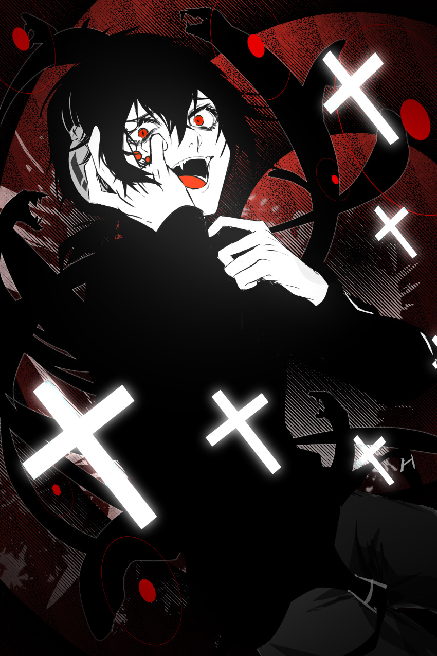 1boy absurdres anna-kurosaki-2 black_background black_hair black_shirt buckle commentary_request cowboy_shot cross dark dark_background dark_konoha diagonal_stripes double-parted_bangs dutch_angle evil_smile facial_mark fangs glowing grey_pants hair_between_eyes hand_on_own_face headphones highres kagerou_project konoha_(kagerou_project) latin_cross long_sleeves looking_at_viewer male_focus mekakucity_actors open_mouth pants partial_commentary red_background red_eyes shirt short_hair smile snake solo striped teeth