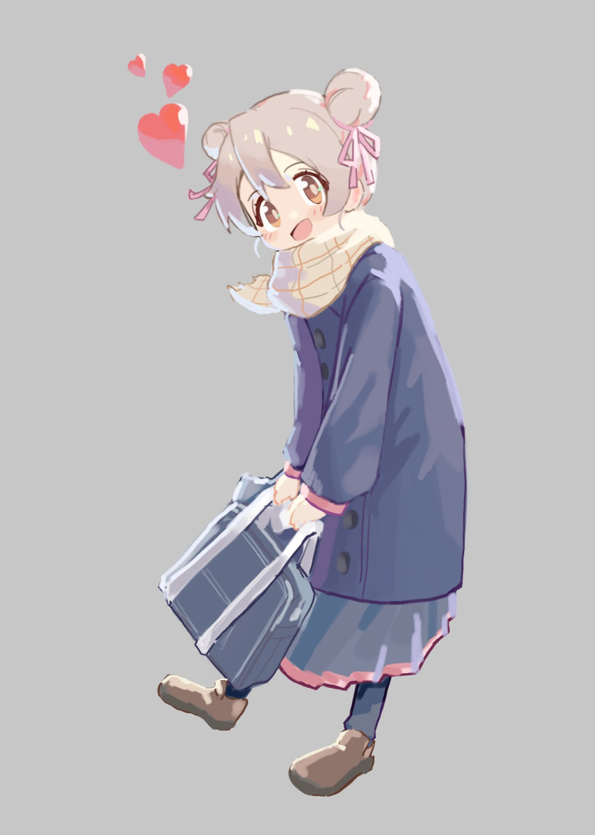 1girl :d bag brown_eyes brown_footwear coat commentary double_bun full_body grey_background grey_hair gustavo_schuler hair_between_eyes hair_bun hair_ribbon heart highres holding holding_bag long_sleeves looking_at_viewer onii-chan_wa_oshimai! open_mouth oyama_mahiro pink_ribbon ribbon scarf school_bag shoes simple_background smile solo symbol-only_commentary winter_clothes winter_coat