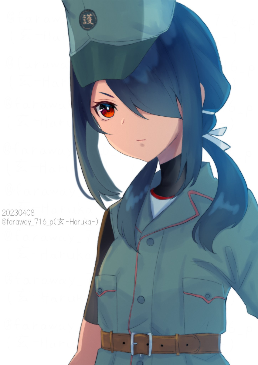1girl belt black_hair green_headwear hair_over_one_eye hair_over_shoulder haruka_faraway716 highres kantai_collection kumano_maru_(kancolle) long_hair military military_uniform one-hour_drawing_challenge red_eyes sidelocks simple_background solo undershirt uniform upper_body white_background