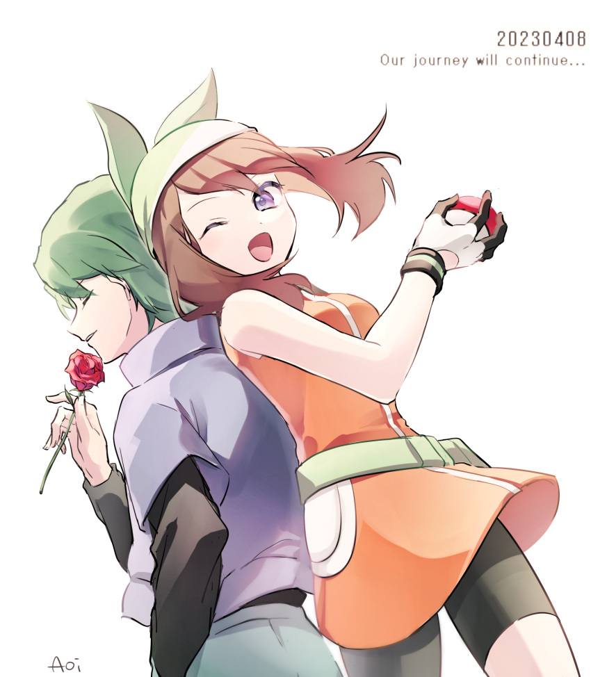 1boy 1girl ;d bandana bike_shorts brown_hair commentary_request dress drew_(pokemon) english_text fanny_pack flower gloves green_bag green_bandana green_hair grey_eyes hand_up highres holding holding_flower holding_poke_ball may_(pokemon) one_eye_closed open_mouth orange_dress pants parted_lips poke_ball poke_ball_(basic) pokemon pokemon_(anime) pokemon_dppt_(anime) pokemon_rse_(anime) purple_shirt red_flower red_rose rose ryuzaki0827 shirt smile tongue undershirt white_background white_gloves