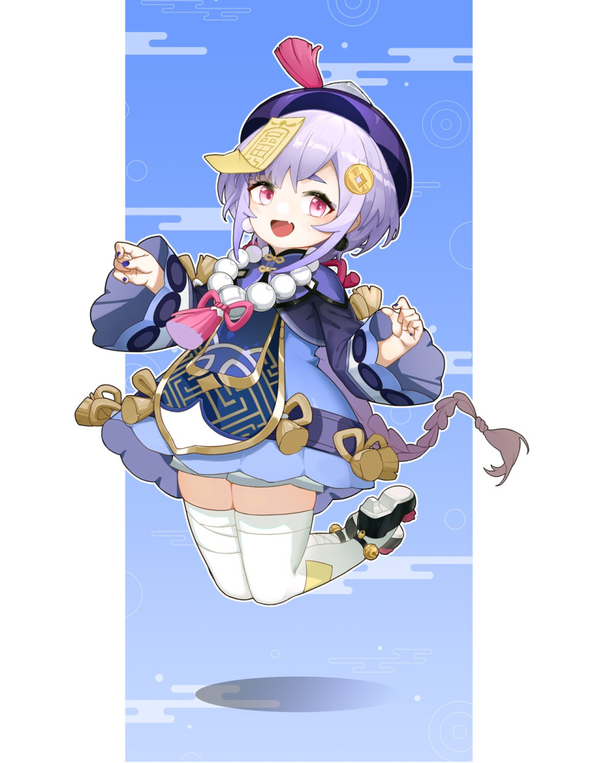 1girl :d azema bead_necklace beads black_nails blue_shorts cape chinese_clothes coin_hair_ornament commentary_request genshin_impact hair_between_eyes hair_ornament hat highres jewelry jiangshi jumping long_hair long_sleeves looking_at_viewer low_ponytail nail_polish necklace ofuda purple_hair qing_guanmao qiqi_(genshin_impact) shorts sidelocks simple_background smile solo thigh-highs violet_eyes white_thighhighs zettai_ryouiki