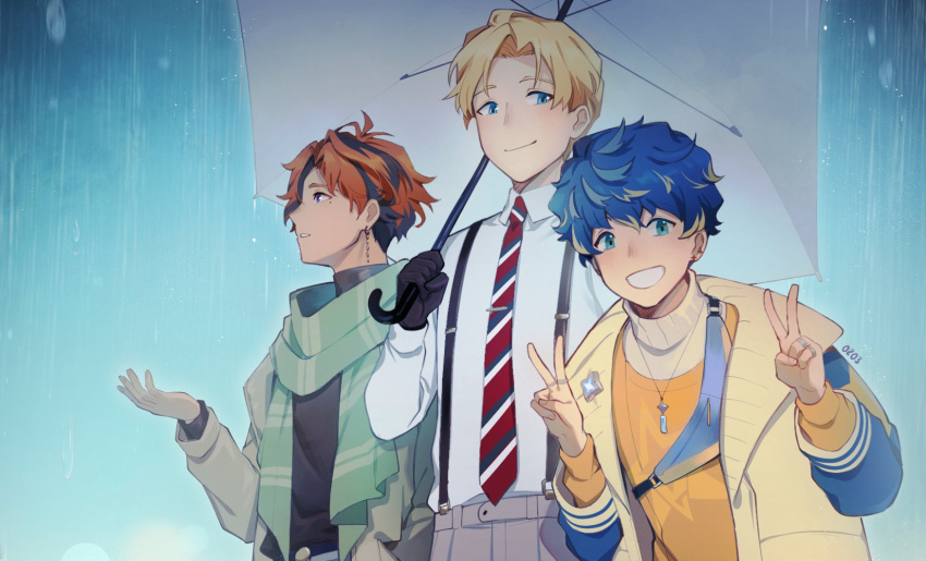 3boys aqua_eyes astel_leda badge black_gloves black_hair black_shirt blonde_hair blue_background blue_eyes blue_hair button_badge coat collared_shirt double_v earrings fanny_pack gloves green_scarf grey_coat grey_pants grin hair_between_eyes hand_in_pocket hand_up highres holding holding_umbrella holostars jacket jewelry kishido_temma letterman_jacket looking_at_viewer looking_to_the_side male_focus mole mole_under_eye mono_(bluesky) multicolored_hair multiple_boys multiple_rings necktie official_alternate_costume open_clothes open_jacket orange_hair orange_shirt pants parted_bangs parted_lips pendant profile rain red_necktie ring scarf shared_umbrella shirt short_hair smile streaked_hair striped striped_necktie striped_scarf suntempo suspenders sweater tie_clip turtleneck turtleneck_sweater umbrella upper_body v violet_eyes virtual_youtuber white_shirt white_sweater yellow_jacket yukoku_roberu