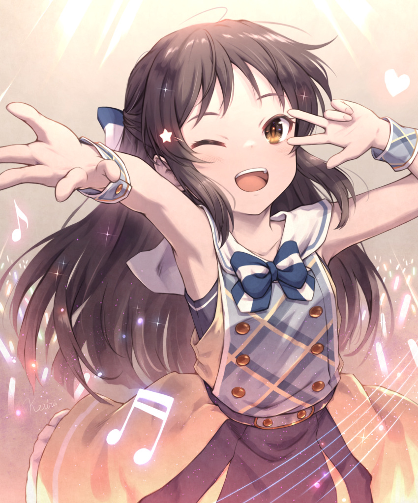 1girl brown_eyes brown_hair commentary_request dress heart highres idol_clothes idolmaster idolmaster_cinderella_girls idolmaster_cinderella_girls_u149 khell long_hair multicolored_clothes musical_note one_eye_closed open_mouth sleeveless sleeveless_dress smile solo star_(symbol) tachibana_arisu teeth upper_body upper_teeth_only v_over_eye wrist_cuffs