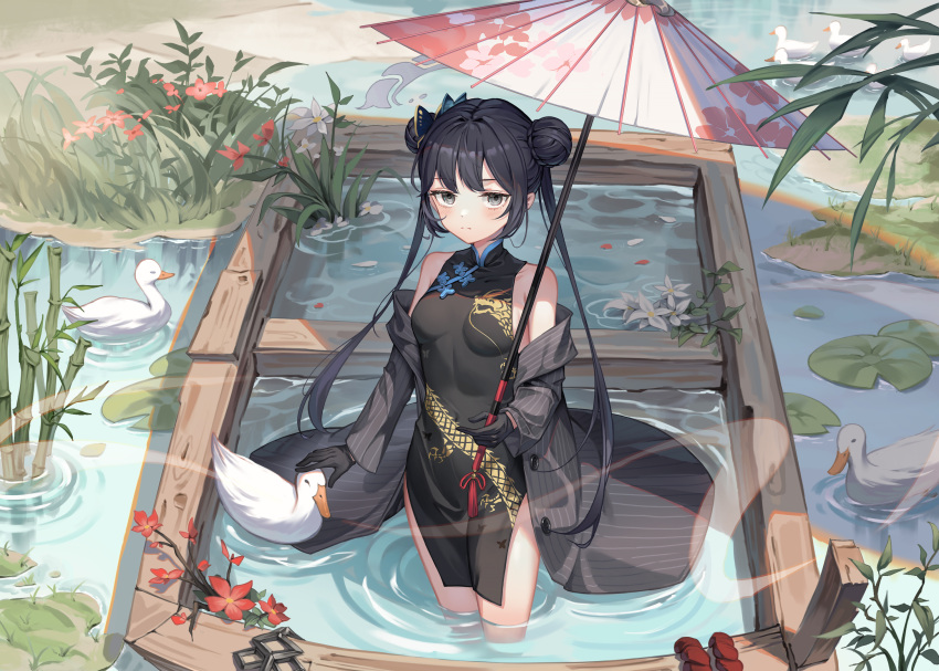 al_guang bamboo bird black_dress black_hair blue_archive butterfly_hair_ornament china_dress chinese_clothes coat commentary double_bun dragon_print dress duck grey_eyes hair_bun hair_ornament highres kisaki_(blue_archive) lily_pad looking_at_viewer nature off_shoulder oil-paper_umbrella plant scenery short_dress side_slit sleeveless twintails umbrella wading water