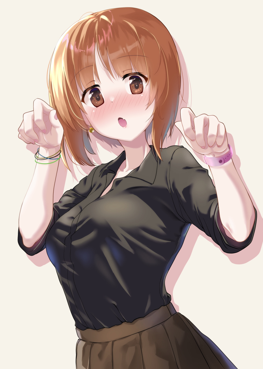 1girl absurdres alternate_costume black_shirt blush bracelet breasts brown_eyes brown_hair brown_skirt collared_shirt earrings fang girls_und_panzer highres jewelry looking_at_viewer medium_breasts nishizumi_miho open_mouth pleated_skirt shiina_excel shirt short_hair short_sleeves skin_fang skirt solo upper_body
