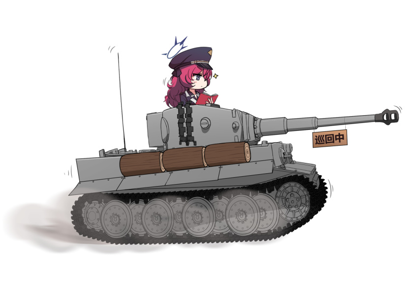 1girl black_coat blue_archive book coat commentary_request facing_away grey_eyes hair_between_eyes halo hat highres holding holding_book iroha_(blue_archive) long_hair long_sleeves looking_away military military_vehicle motor_vehicle nanju_bami necktie open_clothes open_coat peaked_cap redhead riding sidelocks simple_background solo tank tiger_i turret wavy_hair white_background