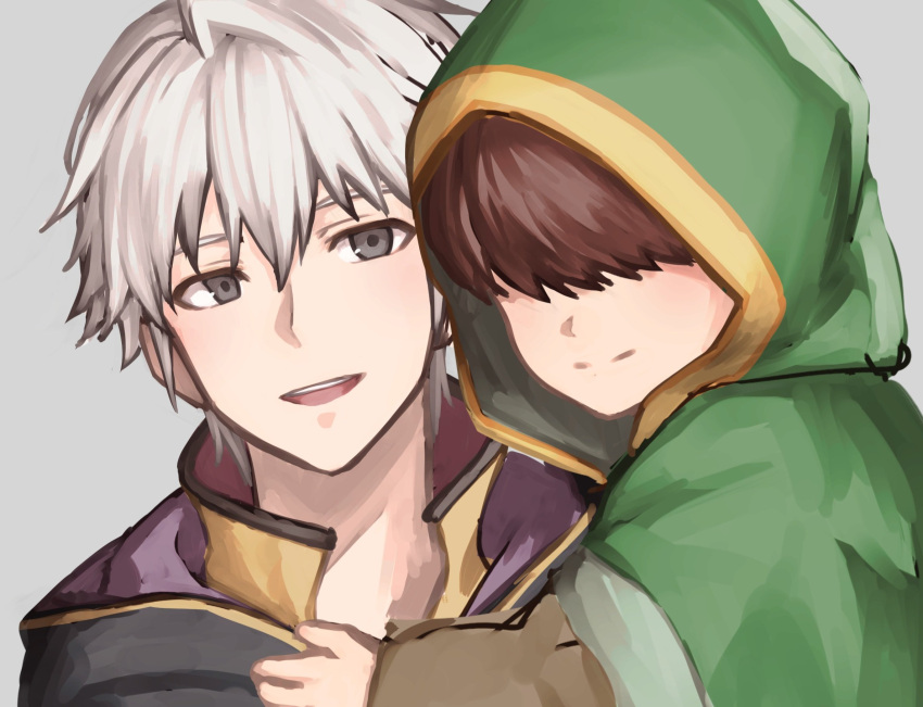1boy 1other aged_down ambiguous_gender black_eyes black_robe brown_hair closed_mouth commentary_request covered_eyes fire_emblem fire_emblem:_the_blazing_blade fire_emblem_awakening fire_emblem_heroes green_robe grey_background hair_between_eyes highres hood hood_down hood_up hooded_robe looking_at_viewer mark_(fire_emblem:_the_blazing_blade) open_mouth robe robin_(fire_emblem) robin_(male)_(fire_emblem) short_hair simple_background smile teeth trait_connection upper_body upper_teeth_only white_hair zuzu_(ywpd8853)