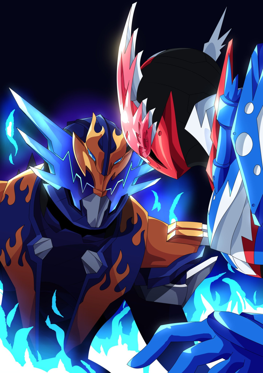 2boys adapted_costume alternate_costume animal_ears aura black_bodysuit blue_armor blue_eyes blue_fire blue_gloves bodysuit bracelet clenched_hands commentary commentary_request cowboy_shot cross-z_dragon dragon dragon_horns eastern_dragon faceoff fiery_background fighting_stance fire flame flame_print fullbottle gloves glowing glowing_eyes ground_vehicle highres horns imminent_fight jewelry kamen_rider kamen_rider_build kamen_rider_build_(series) kamen_rider_cross-z male_focus military military_vehicle motor_vehicle multiple_boys official_alternate_costume otokamu power_armor powering_up rabbit+tank_sparkling rabbit+tank_sparkling_fullbottle rabbit_ears red_armor red_eyes red_gloves rider_belt science_fiction solo spiked_armor spiked_bracelet spikes tank tokusatsu upper_body