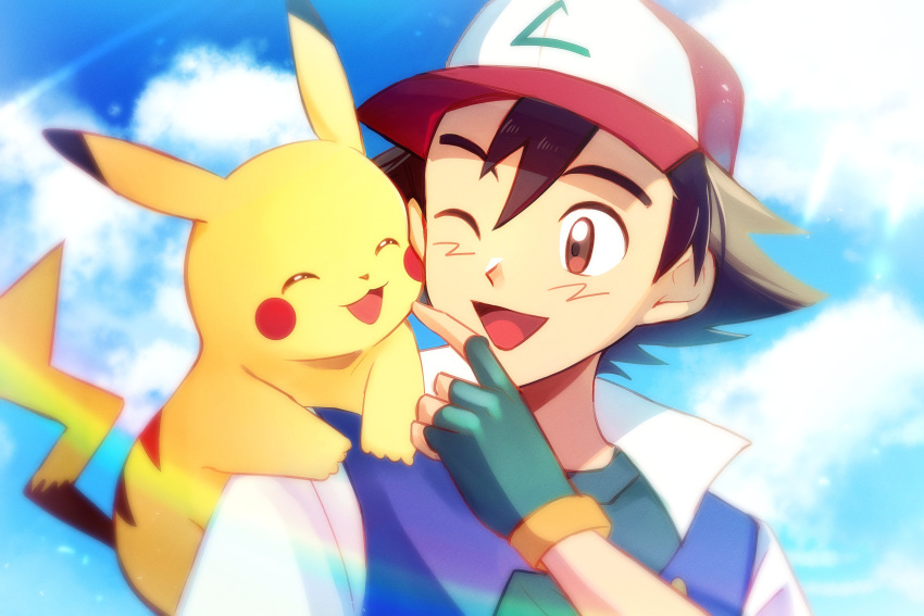 1boy ;d absurdres ash_ketchum brown_eyes brown_hair clouds commentary_request day fingerless_gloves gloves green_gloves green_shirt hand_up hat highres jacket male_focus on_shoulder one_eye_closed open_mouth outdoors pikachu pokemon pokemon_(anime) pokemon_(classic_anime) pokemon_(creature) pokemon_on_shoulder red_headwear sakuya_990331 shirt short_hair sky smile tongue upper_body