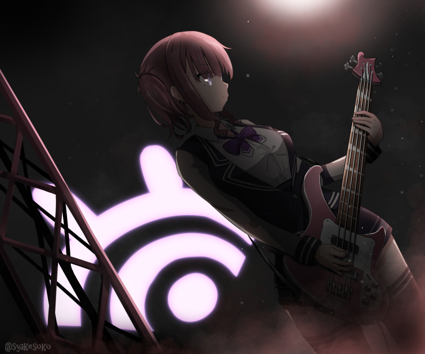 1girl absurdres bass_guitar black_jacket black_skirt black_thighhighs blazer blunt_bangs bow bowtie breasts carrying_over_shoulder cevio commentary cowboy_shot dutch_angle fog glowing highres instrument jacket light_particles light_smile logo looking_to_the_side medium_breasts miniskirt music natsuki_karin playing_instrument pleated_skirt purple_bow purple_bowtie redhead school_uniform shirt short_hair short_twintails shoulder_strap sidelocks skindentation skirt solo spotlight standing syakesoko synthesizer_v thigh-highs truss twintails twitter_username violet_eyes white_shirt zettai_ryouiki