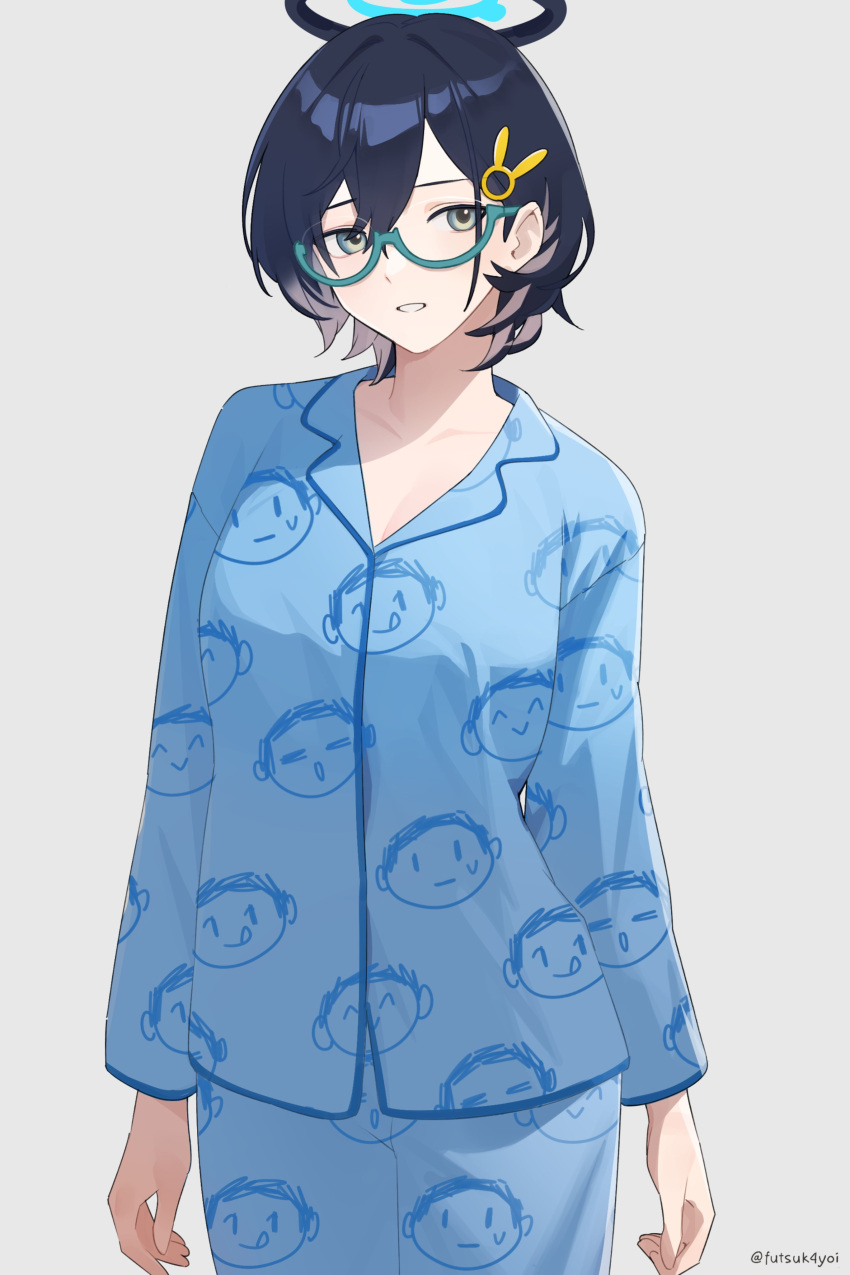 1girl absurdres arona's_sensei_doodle_(blue_archive) blue_archive blue_hair chihiro_(blue_archive) futsukayoi glasses green-framed_eyewear green_eyes grey_background hair_ornament hairpin highres looking_at_viewer sensei_(blue_archive) short_hair simple_background solo