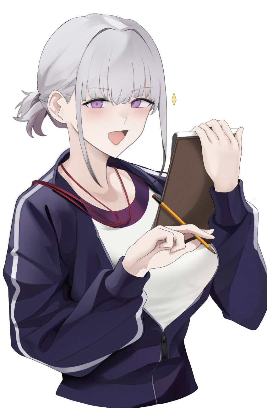 1girl :d blush breasts girls_frontline grey_hair highres holding holding_pencil jacket looking_at_viewer open_mouth pencil ponytail pz-15 rpk-16_(girls'_frontline) simple_background smile solo upper_body violet_eyes white_background