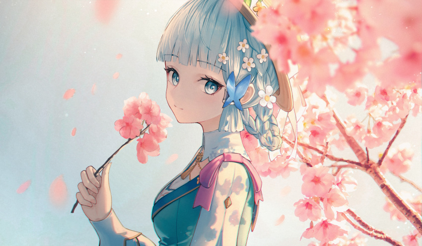 1girl blue_dress blue_eyes blue_hair blunt_bangs blunt_tresses branch brown_headwear butterfly_hair_ornament cherry_blossoms closed_mouth commentary dress flippy_(cripine111) flower from_side genshin_impact hair_ornament highres holding holding_branch kamisato_ayaka kamisato_ayaka_(springbloom_missive) light_blue_hair long_sleeves looking_at_viewer multicolored_clothes multicolored_dress official_alternate_costume official_alternate_hairstyle pink_ribbon ribbon smile solo upper_body white_dress white_flower