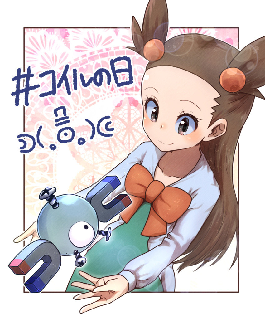 1girl blush border brown_eyes brown_hair collarbone hair_bobbles hair_ornament highres jasmine_(pokemon) kotobukkii_(yt_lvlv) looking_at_another magnemite one-eyed outside_border pokemon pokemon_(creature) pokemon_(game) pokemon_hgss smile