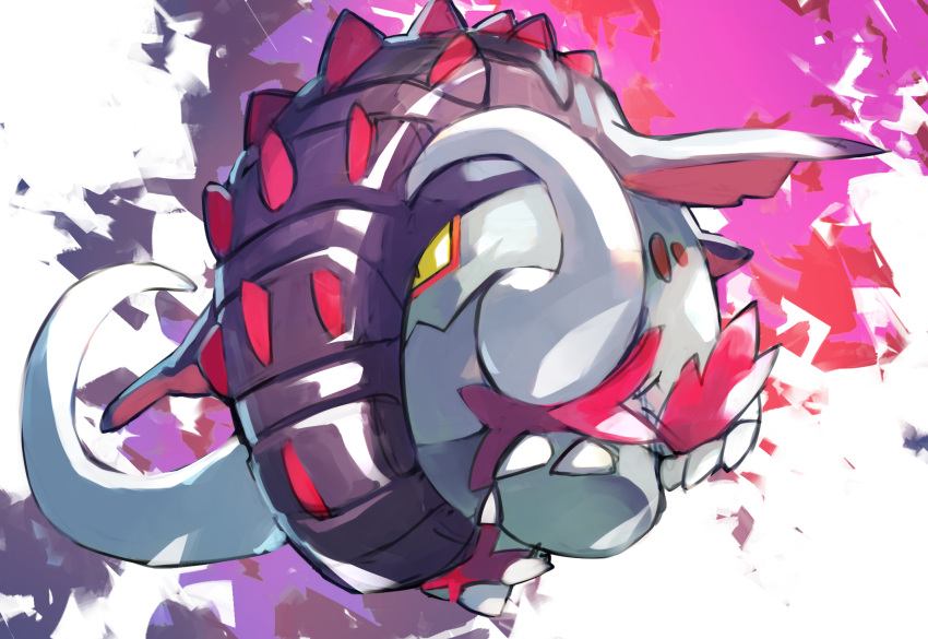 animal_focus claws closed_mouth commentary_request gara_(qbeuxvii22) great_tusk highres no_humans pokemon pokemon_(creature) purple_background solo spikes tusks wavy_mouth yellow_eyes