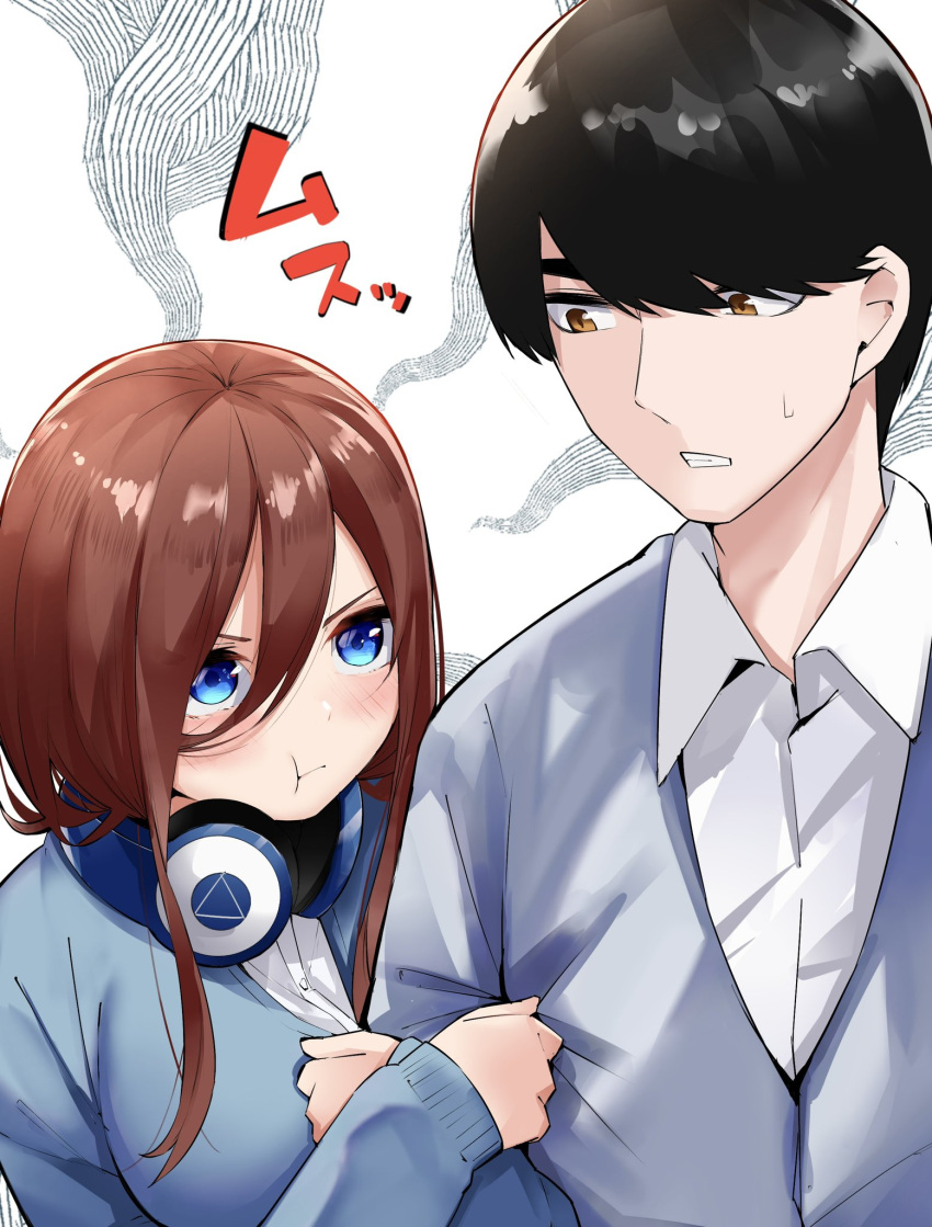 &gt;:( 1boy 1girl :t angry arm_grab black_hair blue_eyes blue_sweater blush breasts brown_hair casual clenched_teeth closed_mouth collared_shirt commentary couple eyebrows_hidden_by_hair go-toubun_no_hanayome hair_between_eyes hair_over_one_eye headphones headphones_around_neck hetero highres jealous large_breasts long_hair looking_at_another mame1645 nakano_miku nose pout shirt short_hair sidelocks simple_background sleeves_past_wrists sweatdrop sweater swept_bangs teeth uesugi_fuutarou upturned_eyes v-shaped_eyebrows white_background white_shirt yellow_eyes