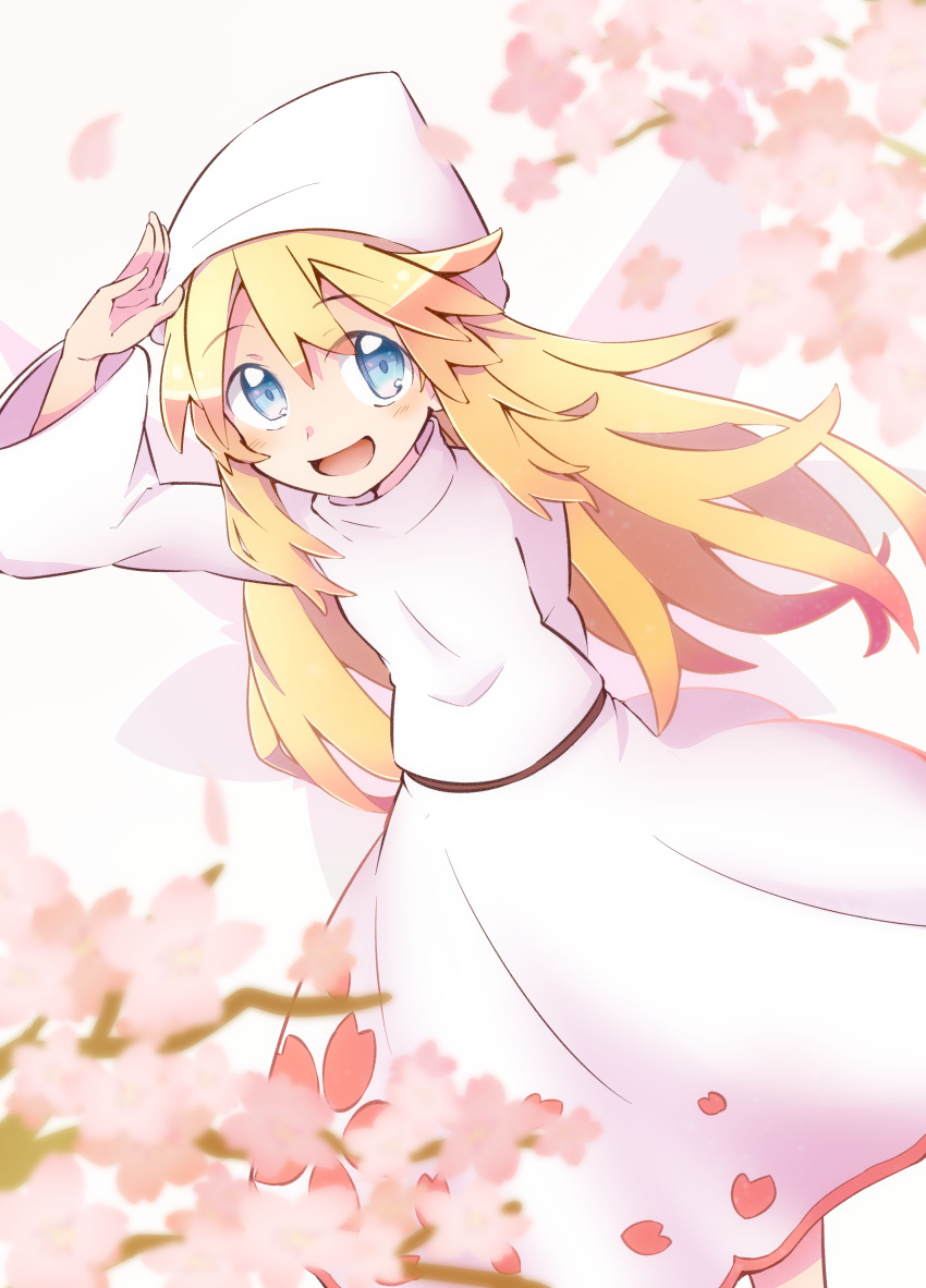 1girl :d absurdres arm_behind_back arm_up blonde_hair blue_eyes cherry_blossoms commentary hair_between_eyes hat highres light_blush lily_white long_hair long_sleeves looking_at_viewer open_mouth salute shirt skirt skirt_set smile solo touhou white_headwear white_shirt white_skirt wide_sleeves yutamaro