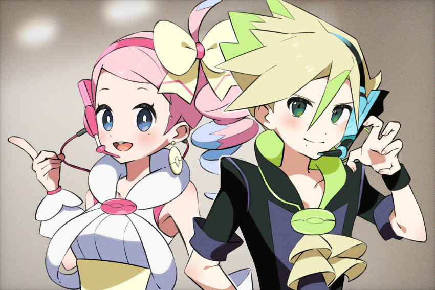 1boy 1girl :d black_shirt black_wristband blonde_hair blue_eyes blush bow bright_pupils brown_background claw_pose closed_mouth collarbone commentary_request curtis_(pokemon) earrings eyelashes green_eyes green_hair hair_between_eyes hairband hand_up headset highres index_finger_raised jewelry looking_at_viewer microphone mole mole_under_eye mole_under_mouth multicolored_hair open_mouth pink_hair pink_hairband poke_ball_print pokemon pokemon_(game) pokemon_bw2 shibori_(shibootachi) shirt short_sleeves side_ponytail smile spiky_hair teeth tongue two-tone_hair upper_body upper_teeth_only white_pupils wrist_cuffs yancy_(pokemon) yellow_bow yellow_jabot