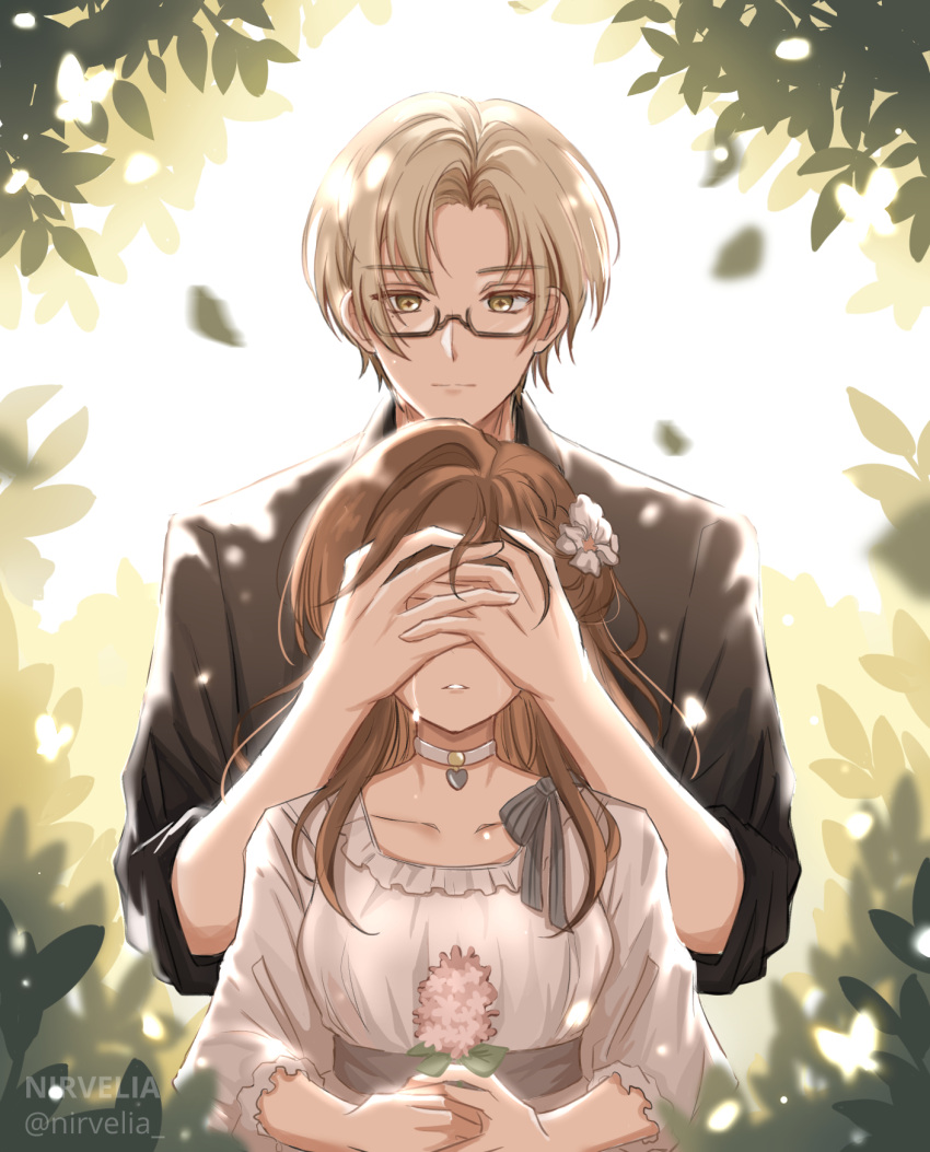 1boy 1girl black_shirt choker collarbone collared_shirt covering_another's_eyes dress flower glasses hair_flower hair_ornament highres holding holding_flower long_hair looking_at_viewer nirvelia rosa_(tears_of_themis) shirt short_hair sleeves_rolled_up tears tears_of_themis upper_body vyn_richter_(tears_of_themis) white_choker white_dress white_flower white_shirt