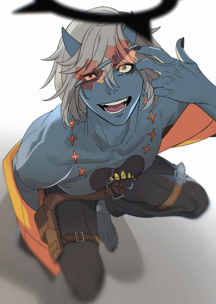 1boy adjusting_eyewear ark1478 black_nails blue_horns blue_skin chest_tattoo colored_skin compass_rose_halo dark_halo grey_hair guilty_gear guilty_gear_strive halo happy_chaos heart heart_tattoo highres horns looking_at_viewer male_focus medium_hair open_mouth orange-tinted_eyewear pectorals simple_background sitting smile tattoo tinted_eyewear too_many_belts x-shaped_eyewear yellow_eyes