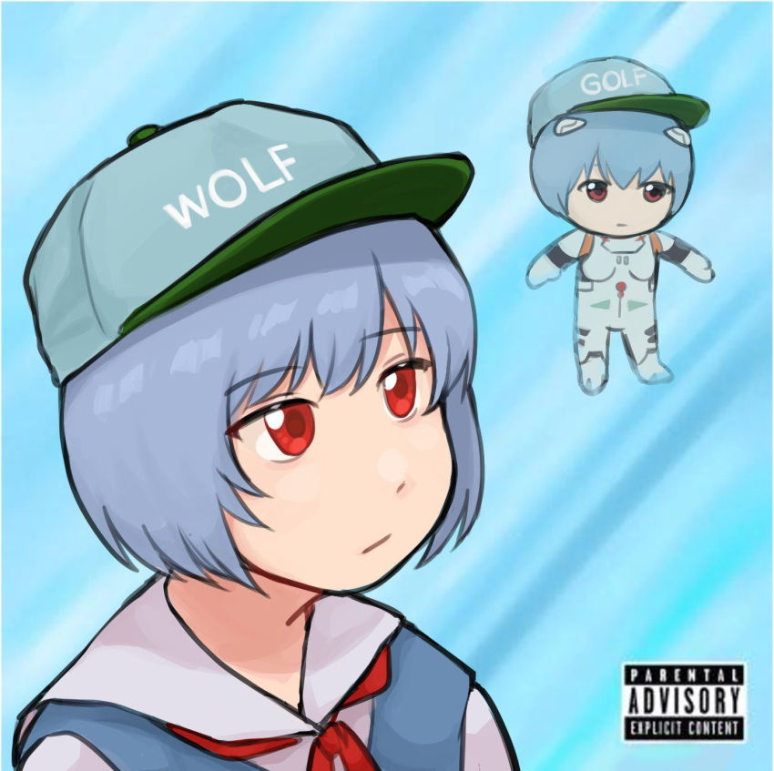 1girl album_cover_redraw ayanami_rei baseball_cap blue_background blue_hair blue_headwear character_doll commentary derivative_work english_commentary expressionless gradient_background hat highres looking_to_the_side neck_ribbon neon_genesis_evangelion nvi2762 parental_advisory portrait red_eyes red_ribbon ribbon sailor_collar school_uniform short_hair solo tokyo-3_middle_school_uniform tyler_the_creator white_sailor_collar